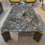 High-End Marble Coffee Table with Wood Veneer Legs and Polished Metal Accents